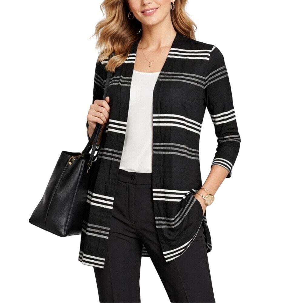 J.Jill Wearever Open Front Cardigan Black White Stripe 4X
